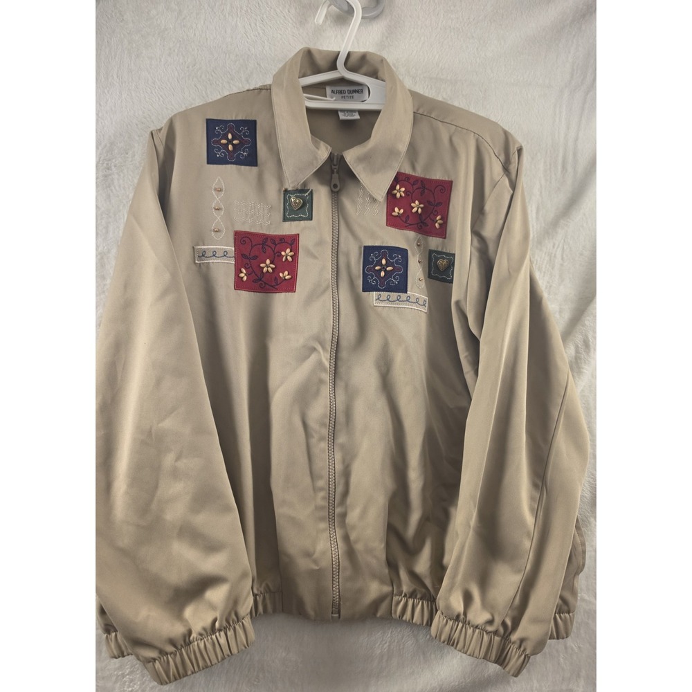 Alfred Dunner Petite 16P Beige Embroidered Beaded Zip Jacket Y2K Womens